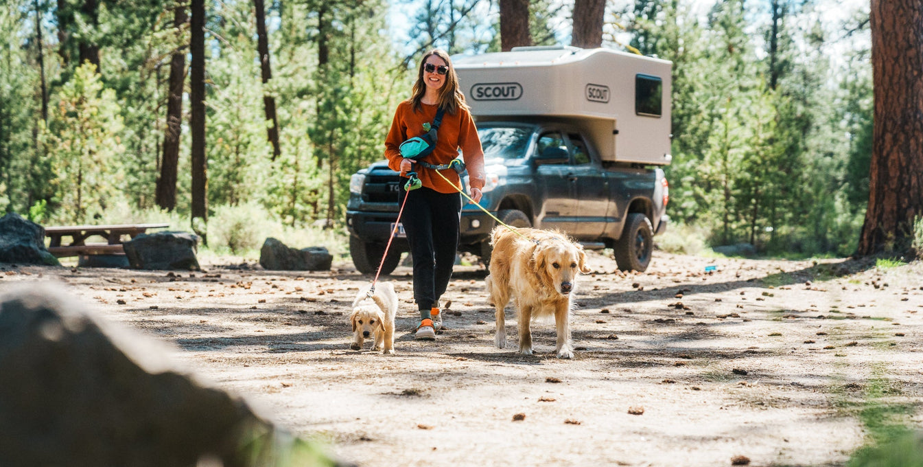 A woman walks with her dog and puppy at a campsite. 