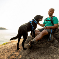 A man and his dog sit on a rock during a hike.