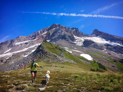 Theresa runs with her dog Cassie through the mountains.
