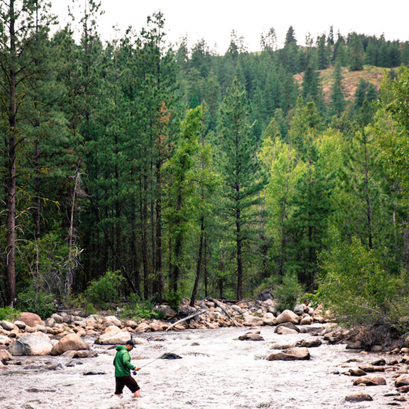Man wades across river in the woods.